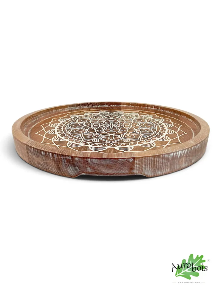 Plateau de service Mandala One en chêne massif blanc Shabby chic