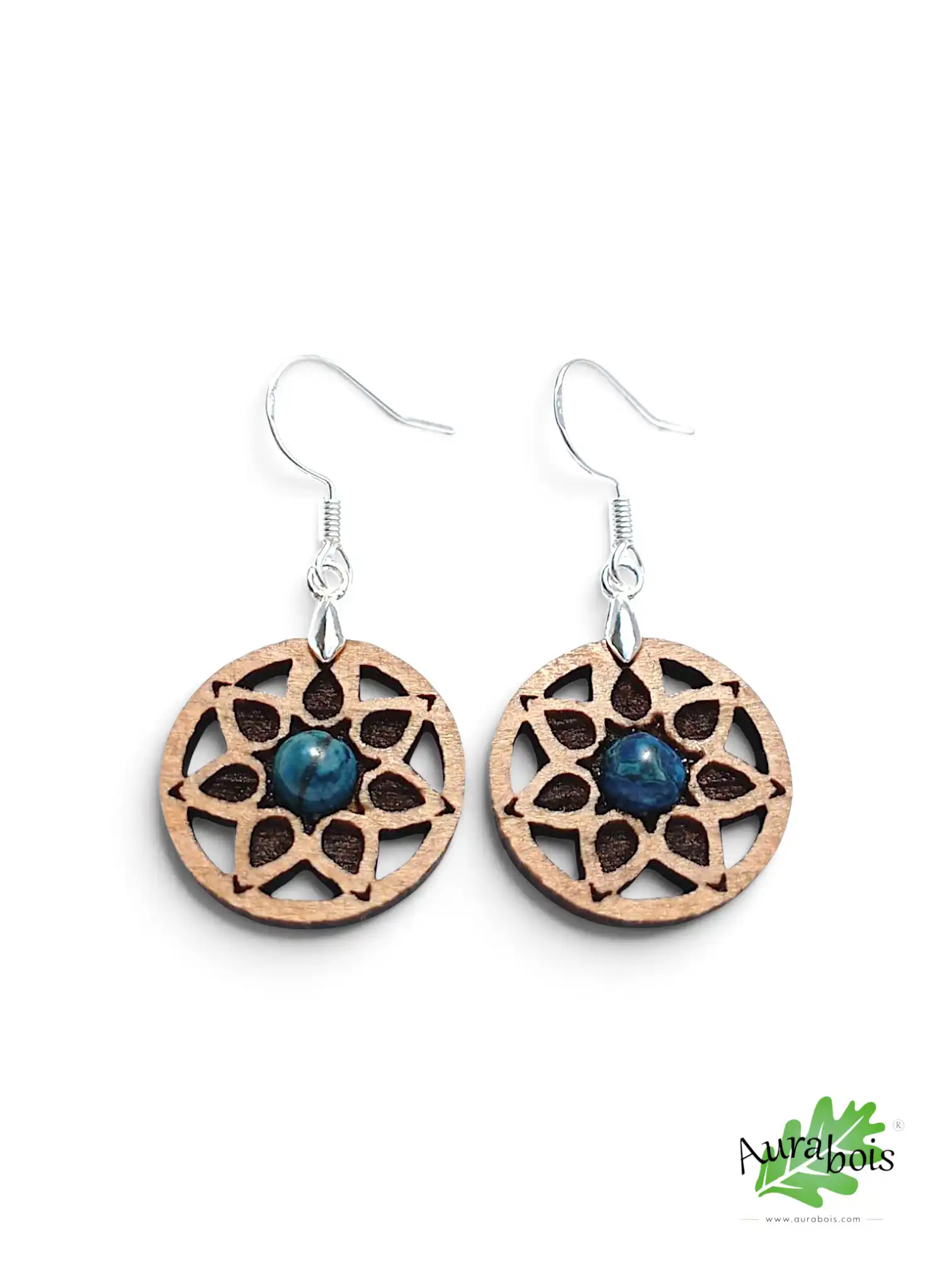 Boucles d'oreilles "Rosace" en hêtre et jaspe bleu 2 Boucles d'oreilles Rosace en hêtre huilé avec jaspe bleu naturel