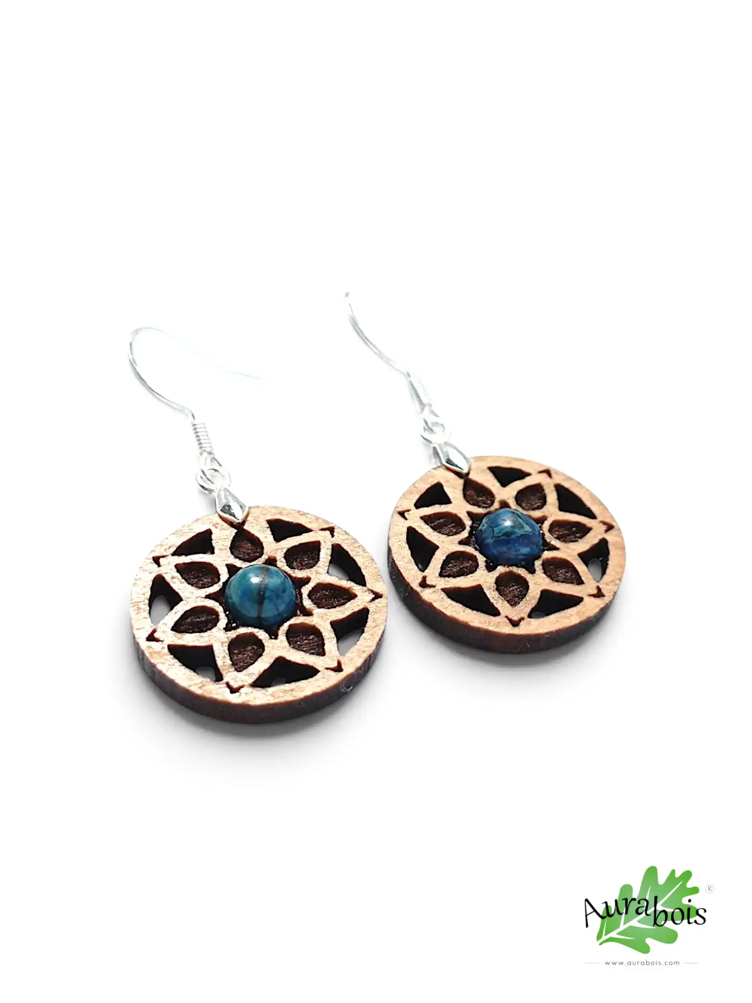 Boucles d'oreilles "Rosace" en hêtre et jaspe bleu 3 Boucles d'oreilles Rosace en hêtre huilé avec jaspe bleu naturel