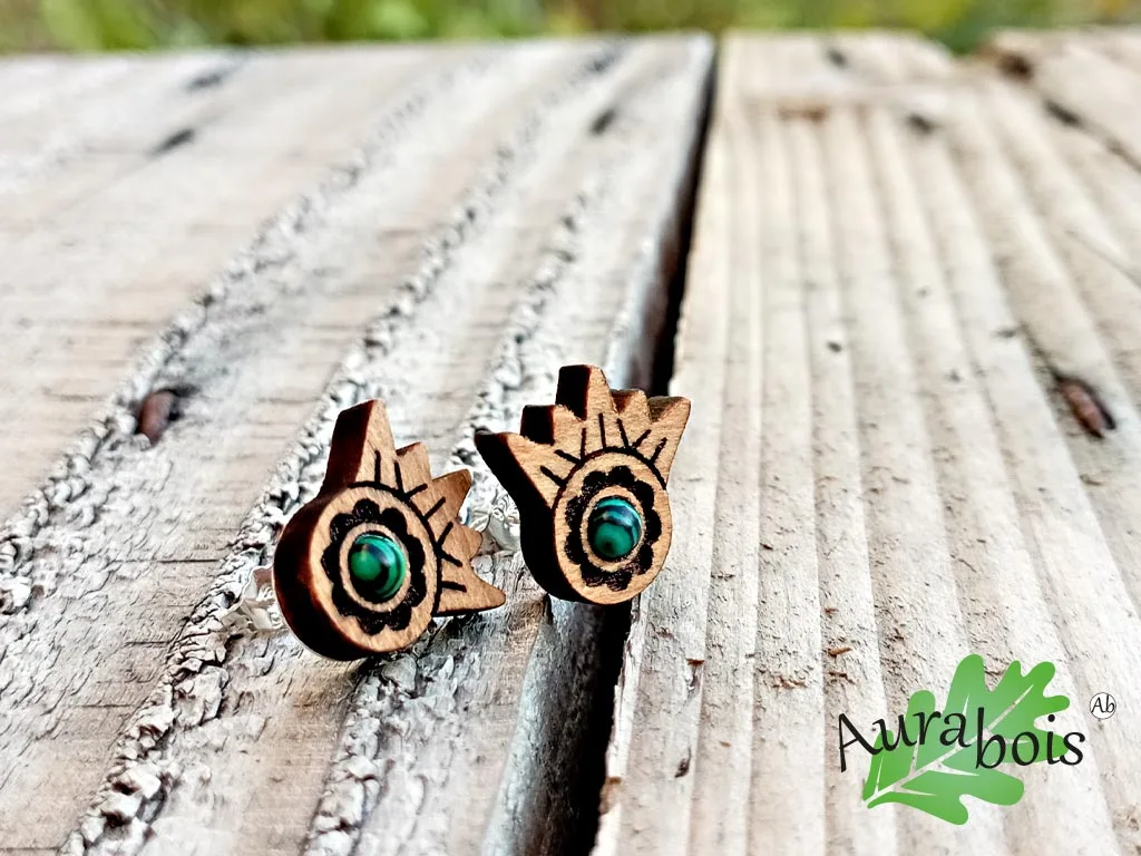 Boucles d'oreilles en bois "Amazone" hêtre huilé et pierre malachite naturelle 3 Boucles d'oreilles "Amazone" en hêtre huilé avec malachite naturelle