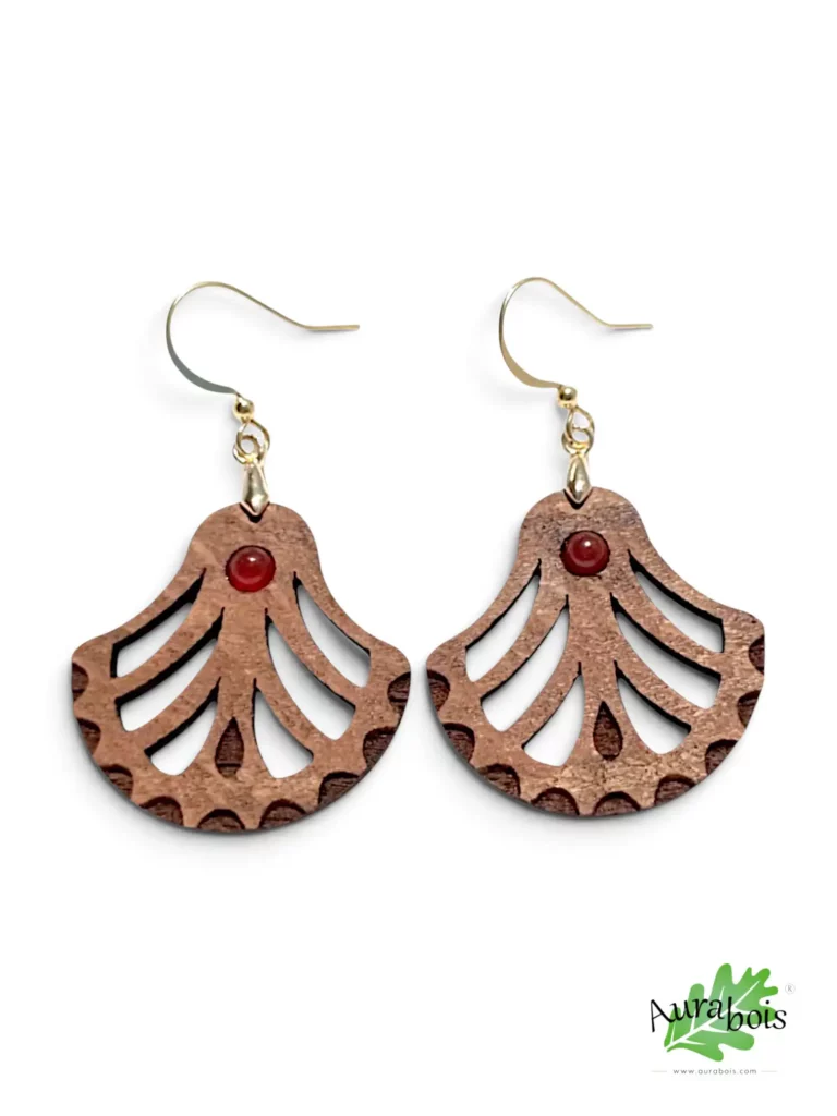 Boucles d'oreilles Palmier en hêtre avec agate rouge naturelle