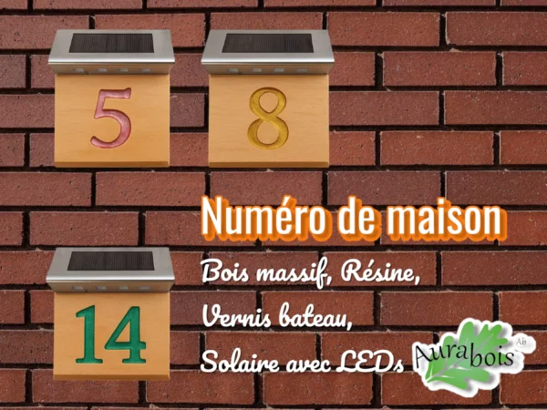 Numéro de maison solaire en bois de hêtre avec incrustation de résine colorée personnalisée, éclairage LED intégré, fabrication artisanale Aurabois