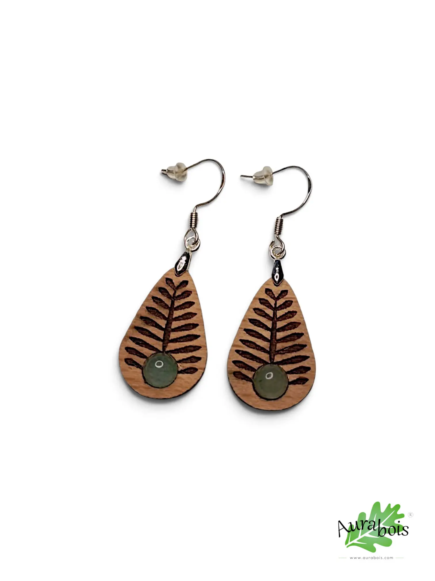 Boucles d'oreilles en hêtre "Tropic" et pierre naturelle d'Aventurine 5 Boucles d'oreilles Tropic en hêtre huilé avec aventurine naturelle