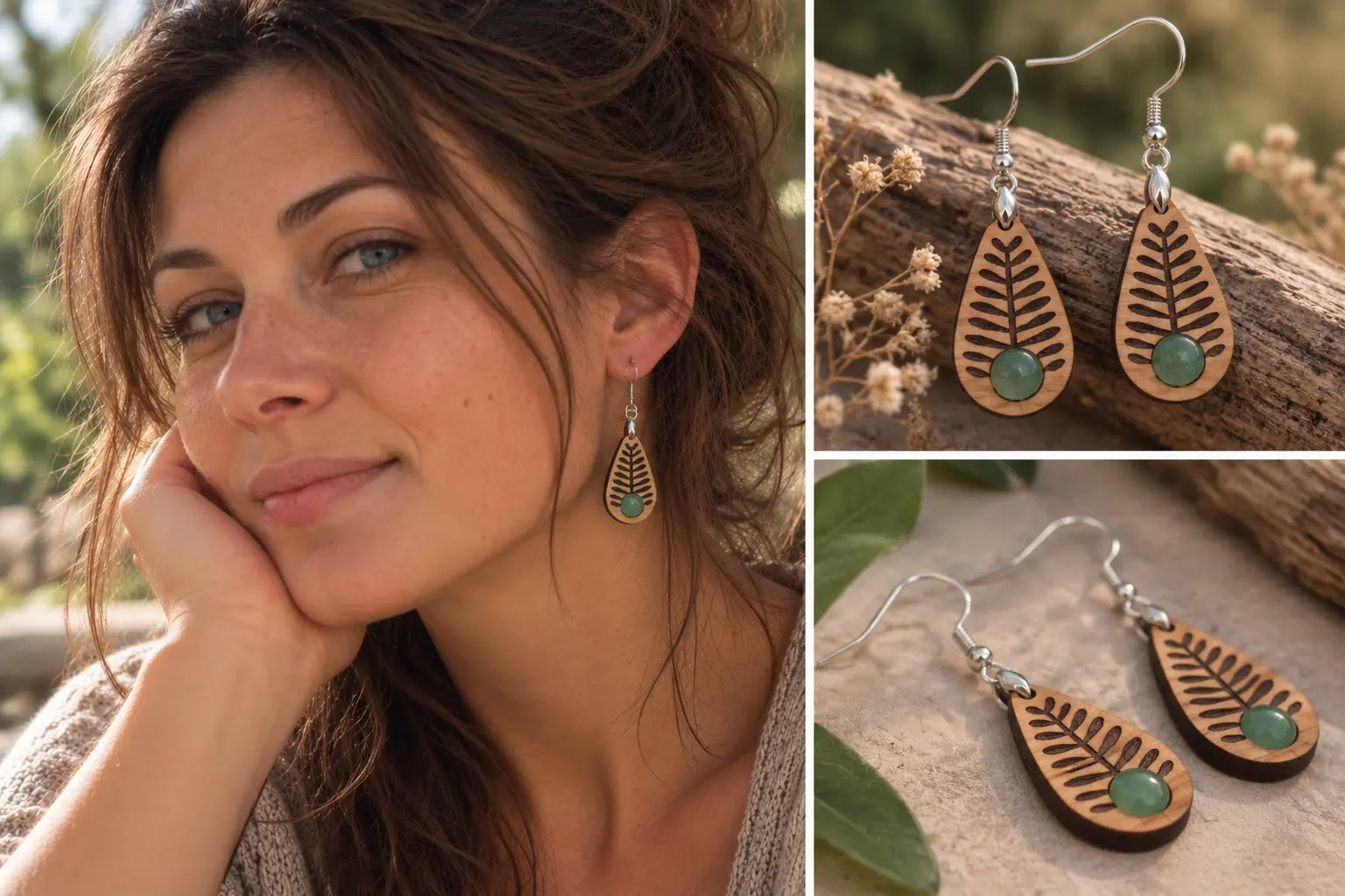 Boucles d'oreilles en hêtre "Tropic" et pierre naturelle d'Aventurine 2 Boucles d'oreilles Tropic en hêtre huilé avec aventurine naturelle