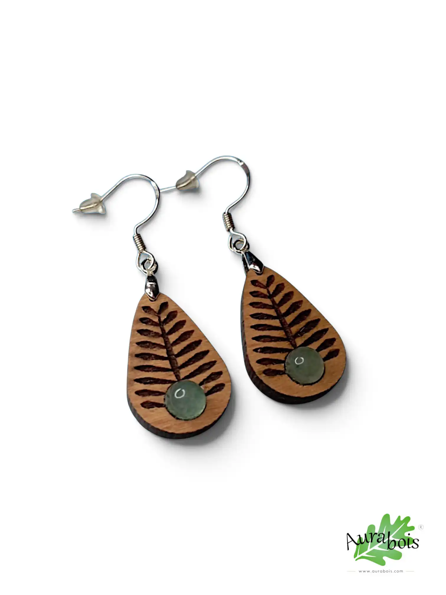 Boucles d'oreilles en hêtre "Tropic" et pierre naturelle d'Aventurine 3 Boucles d'oreilles Tropic en hêtre huilé avec aventurine naturelle