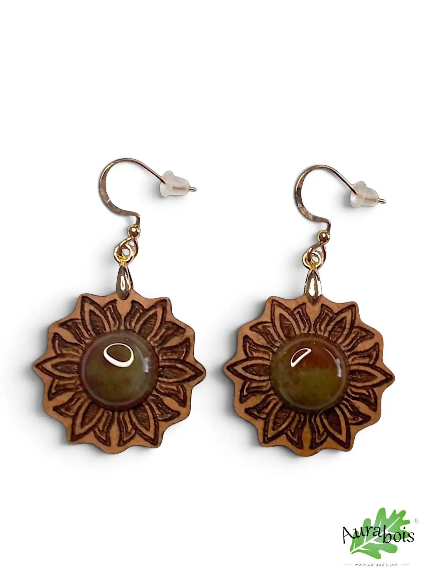Boucles d'oreilles "Flora" en bois de hêtre huilé - Pierre d'Agate d'Inde 4 Boucles d'oreilles "Flora" en hêtre huilé avec agate d'Inde verte