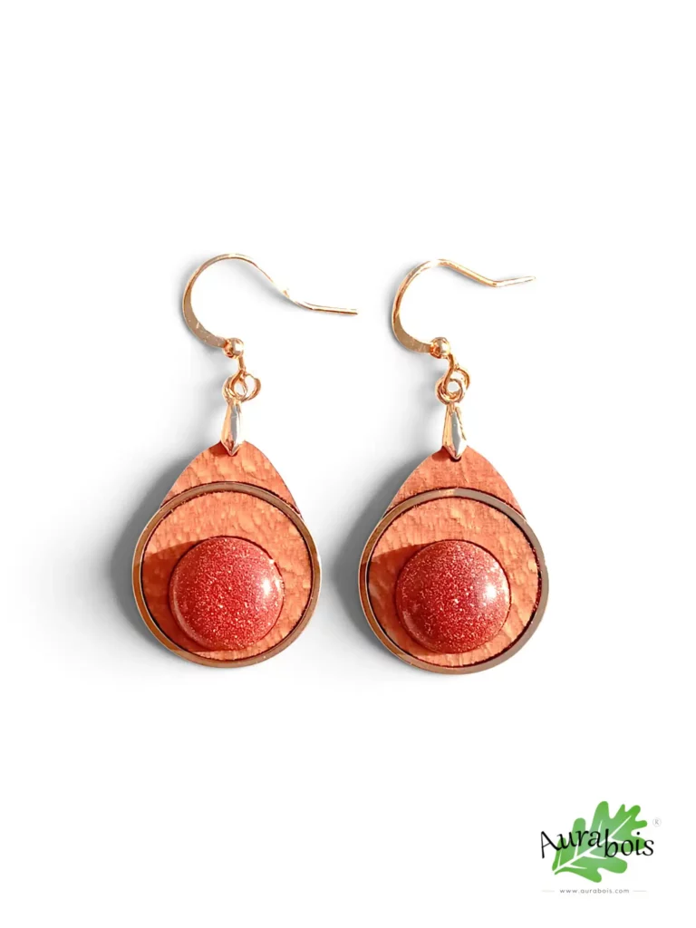 Boucles d'oreilles Sun en hêtre huilé avec pierre naturelle du soleil