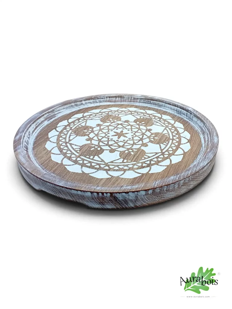 Plateau de service Lotus Mandala en chêne massif blanc Shabby chic