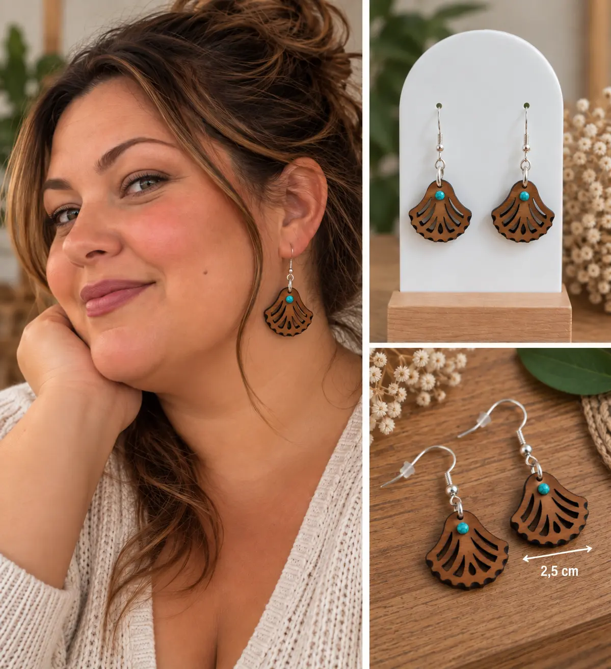 Boucles d'oreilles en bois massif de chêne "Palmier" - Pierre naturelle Turquoise 2 Boucles d'oreilles Palmier en chêne huilé avec turquoise naturelle