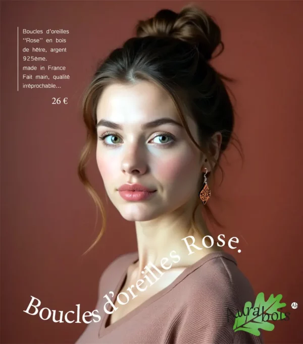 Boucles d'oreilles Rose en bois de hêtre.