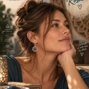 Boucles d'oreilles Rosace en hêtre huilé avec jaspe bleu naturel