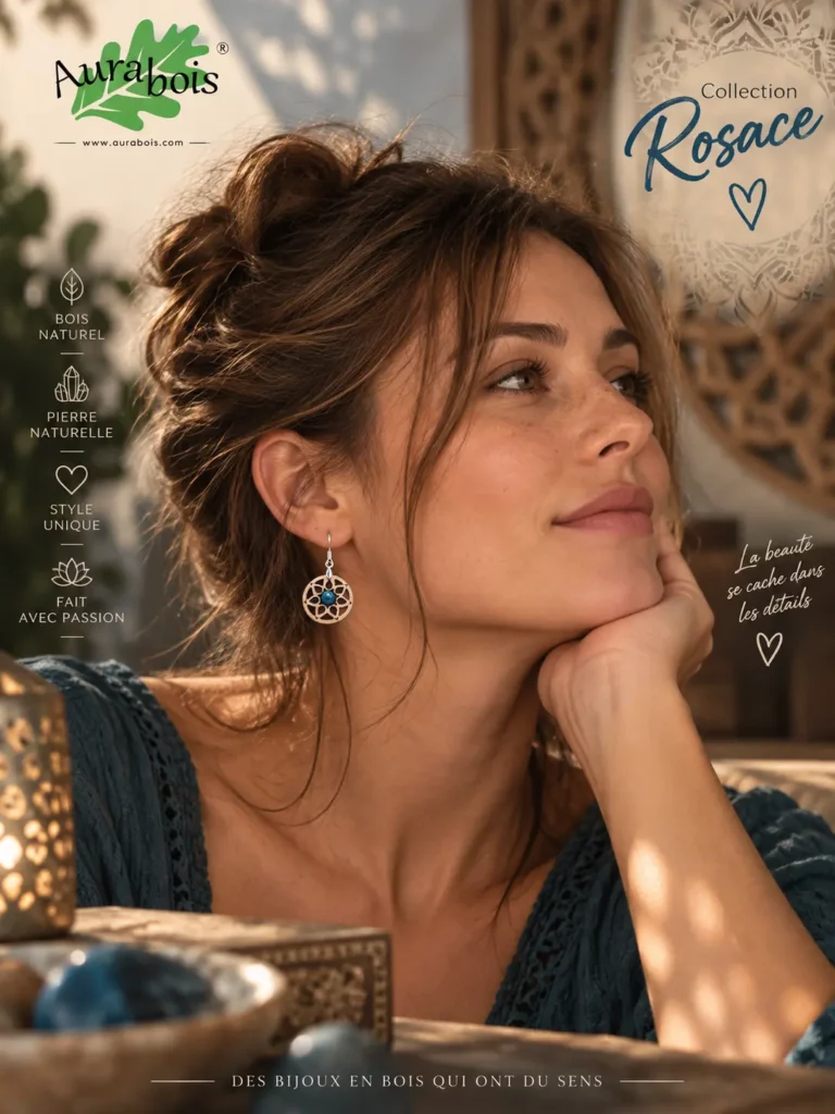 Boucles d'oreilles Rosace en hêtre huilé avec jaspe bleu naturel