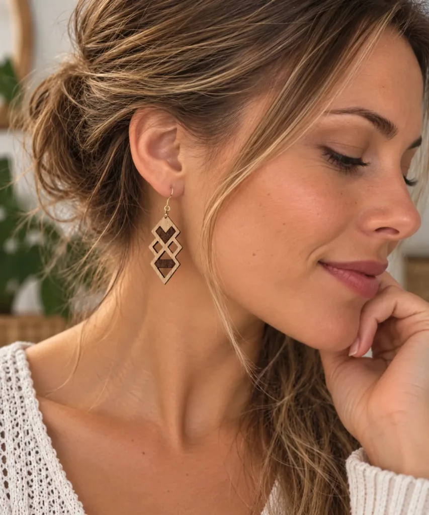 Boucles d'oreilles Area en hêtre avec extraterrestre gravé au laser