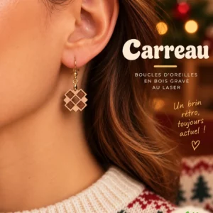 Boucles d'oreilles Carreaux en hêtre huilé avec gravure géométrique