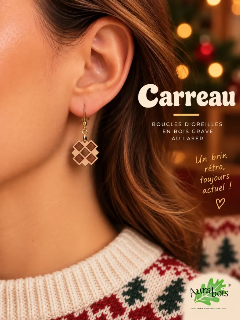 Boucles d'oreilles Carreaux en hêtre huilé avec gravure géométrique