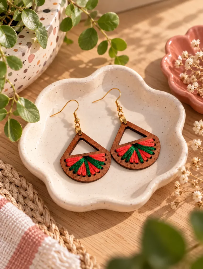Boucles d'oreilles Mère & Fille Colors en hêtre huilé rouge et vert