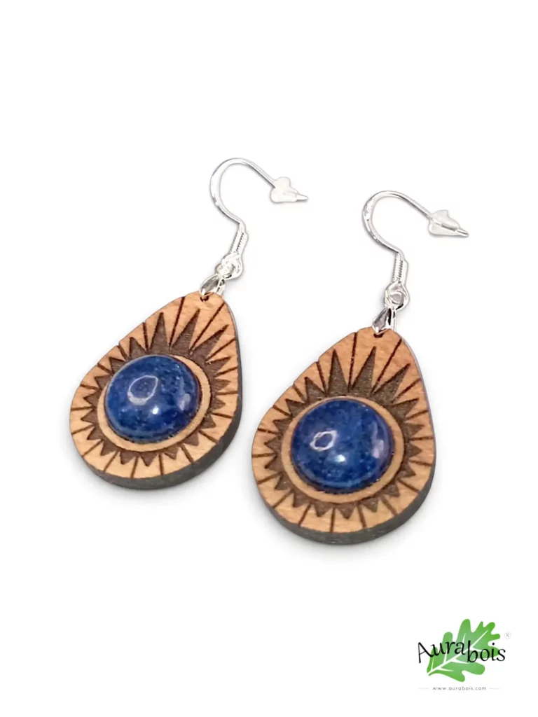 Boucles d'oreilles Avocat en hêtre massif avec pierre naturelle Lapis Lazuli