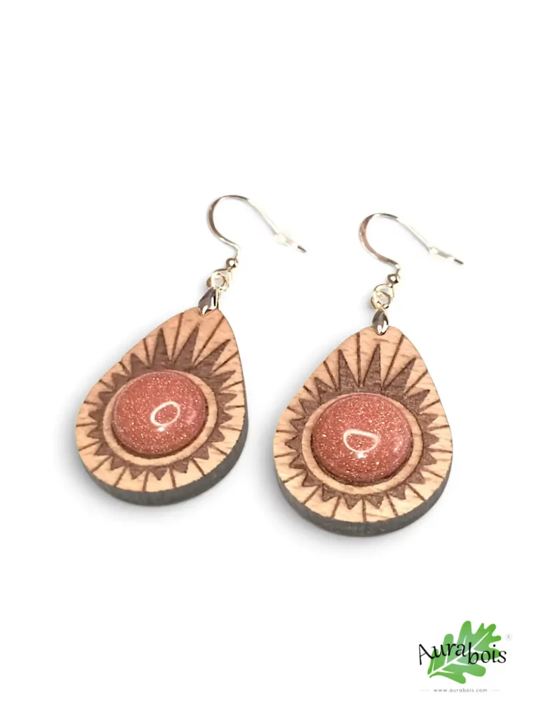 Boucles d’oreilles Avocat en hêtre massif huilé avec pierre naturelle du Soleil orange