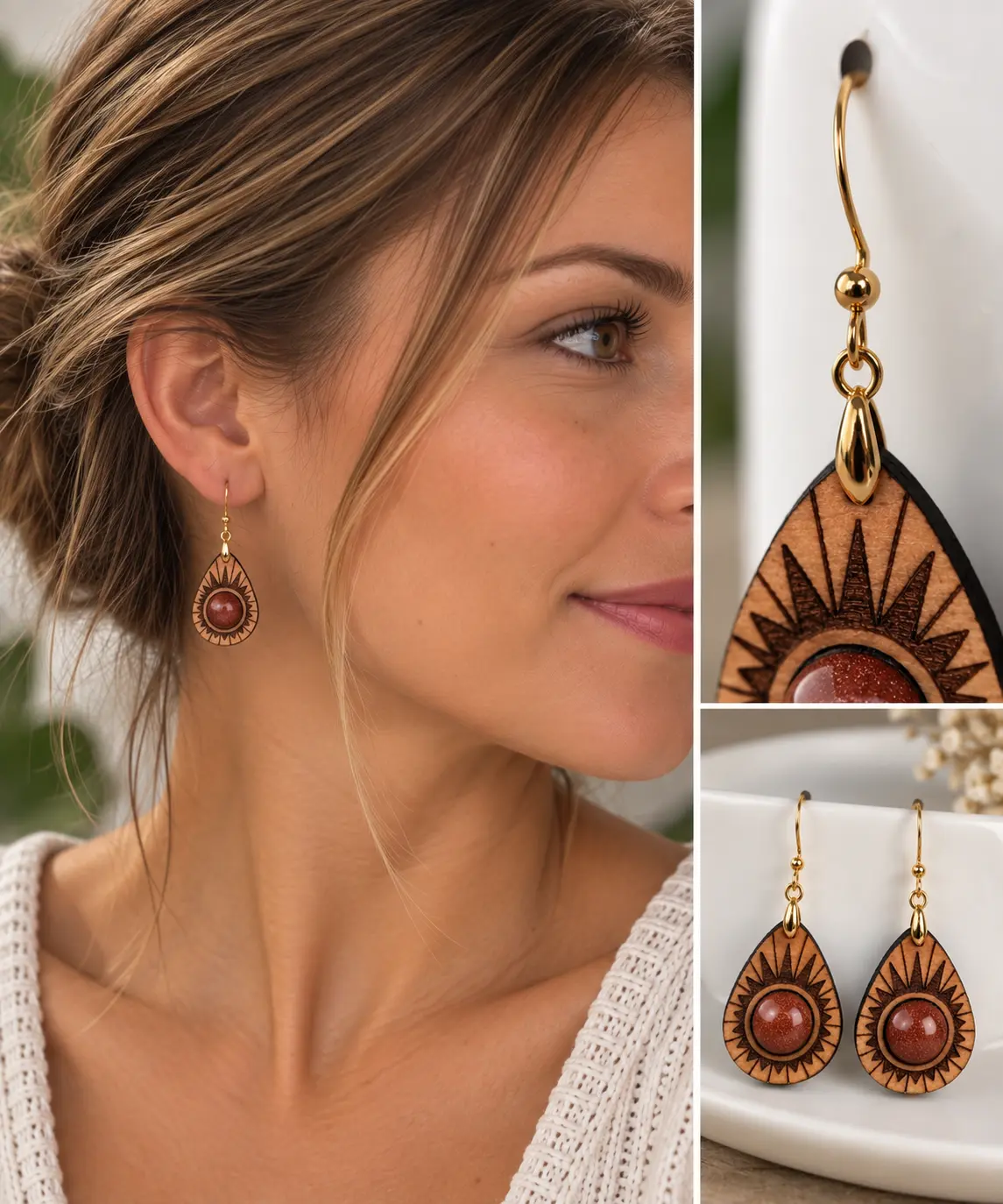 Boucles d’oreilles "Avocat" en bois hêtre et pierre du Soleil 2 Boucles d’oreilles Avocat en hêtre massif huilé avec pierre naturelle du Soleil orange