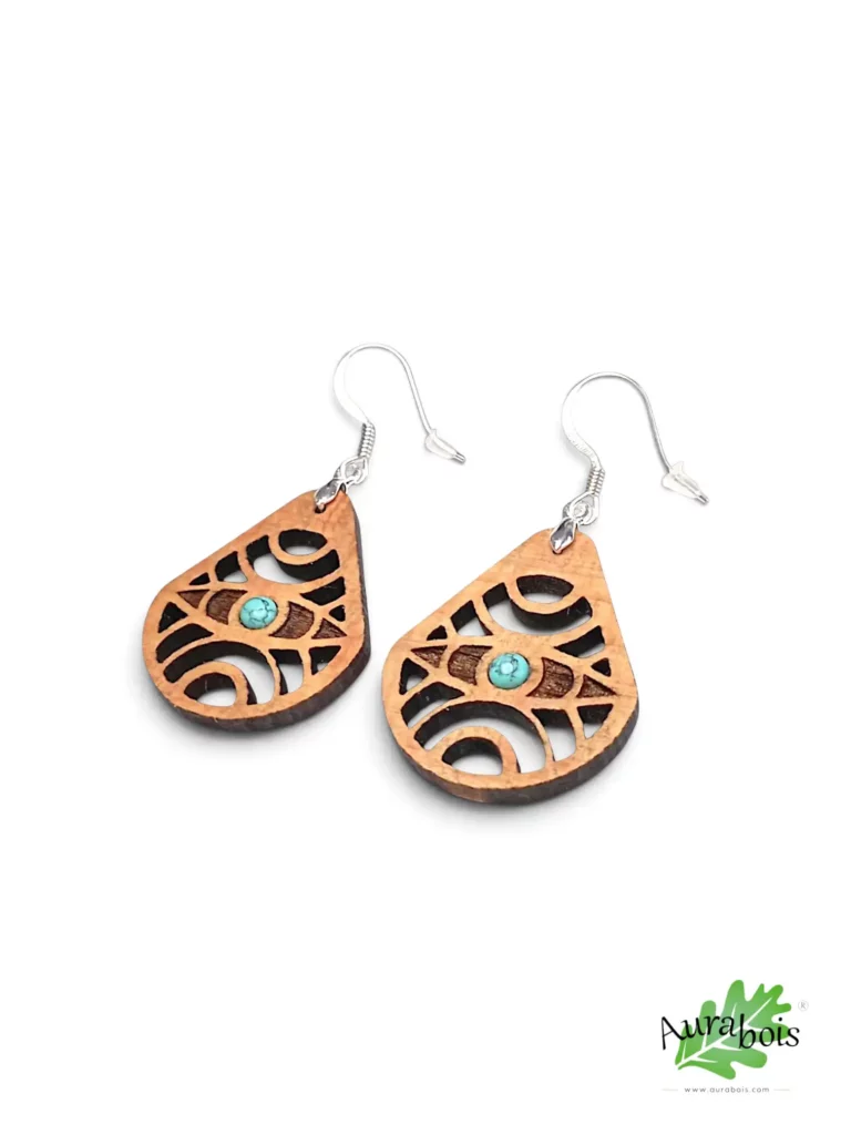 Boucles d’oreilles Providence en hêtre massif avec pierre naturelle turquoise incrustée