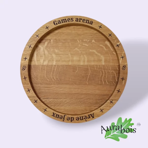 Plateau de jeux rond de diamètre 35cm en bois massif de hêtre. Gravure au laser "arène de jeux, game arena"