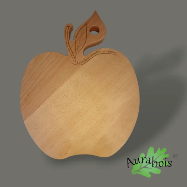 Planche à découper pour fruits et légume en bois de hêtre. Forme en pomme original avec gravue laser "le bonheur est un fruits sans pépins" fabrication artisanal.