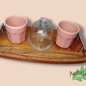 Plateau café/thé bois gravé – Mandala & tasses rose