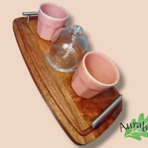 Plateau café/thé bois gravé – Mandala & tasses rose