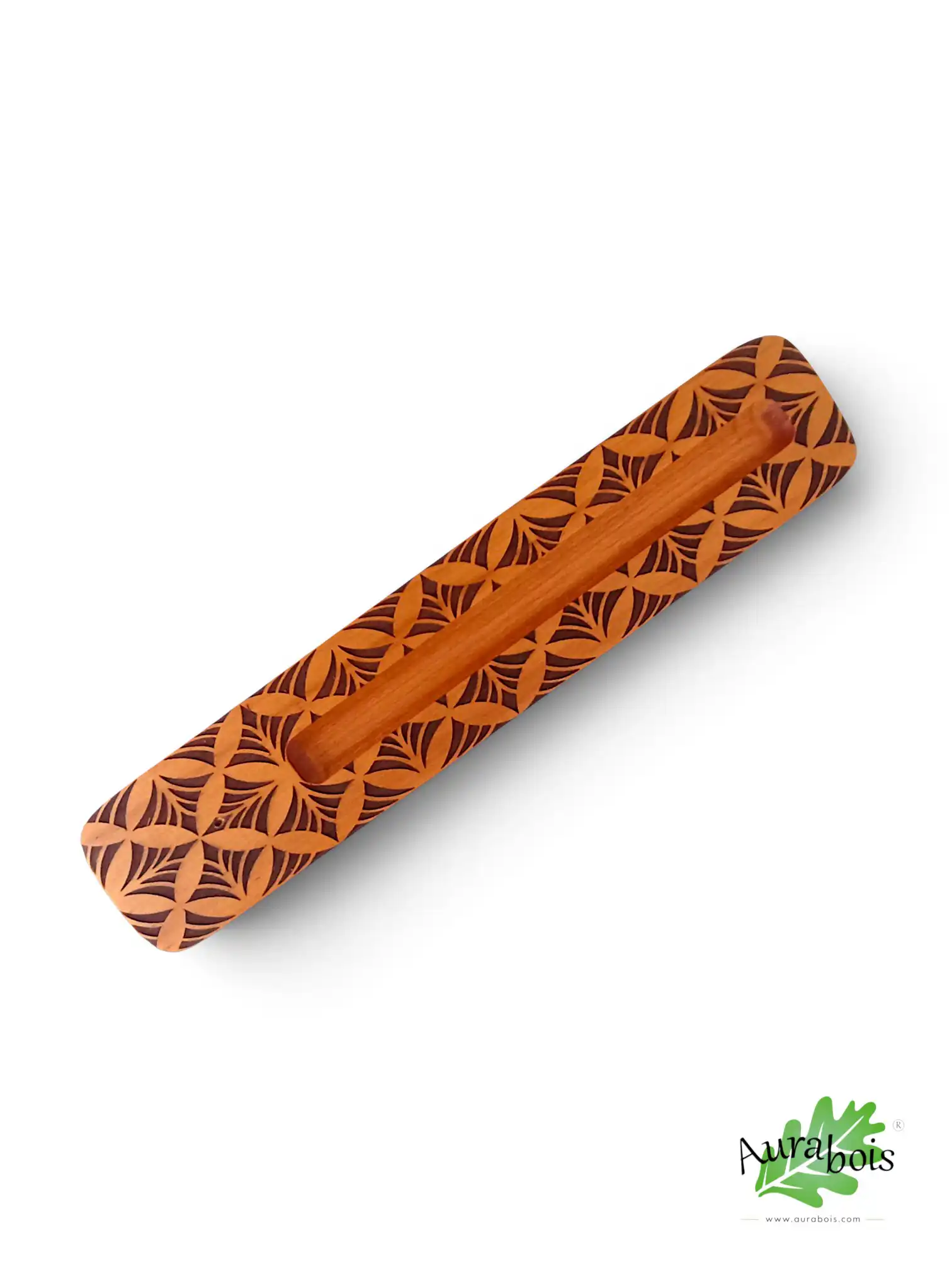 Porte-encens en merisier – Motif Plume Géométrique – Gravure fine – Modèle "Plume" – Fait main 2 Support encens fait main en bois massif, motif plume stylisée gravée.