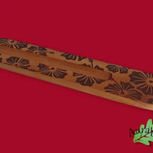 Support à encens en merisier gravé – Motif Hibiscus – Fait main en France