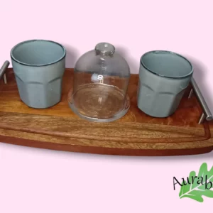 Plateau café/thé bois gravé – Mandala & tasses bleu