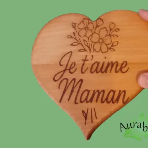 Dessous de plat cœur « Je t’aime Maman » – Gravure laser – Bois de hêtre – Cadeau fête des mères