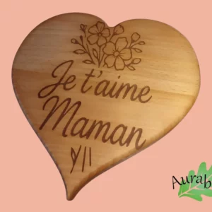 Dessous de plat cœur « Je t’aime Maman » – Gravure laser – Bois de hêtre – Cadeau fête des mères