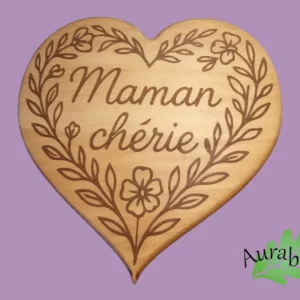 Dessous de plat cœur « Maman chérie » – Gravure laser – Bois de hêtre – Cadeau fête des mères
