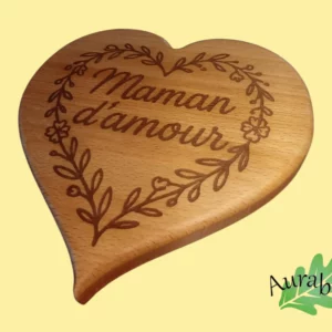 Dessous de plat cœur « Maman D’amour» – Gravure laser – Bois de hêtre – Cadeau fête des mères
