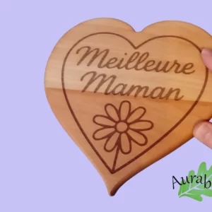 Dessous de plat cœur « Meilleur Maman » – Gravure laser – Bois de hêtre – Cadeau fête des mères