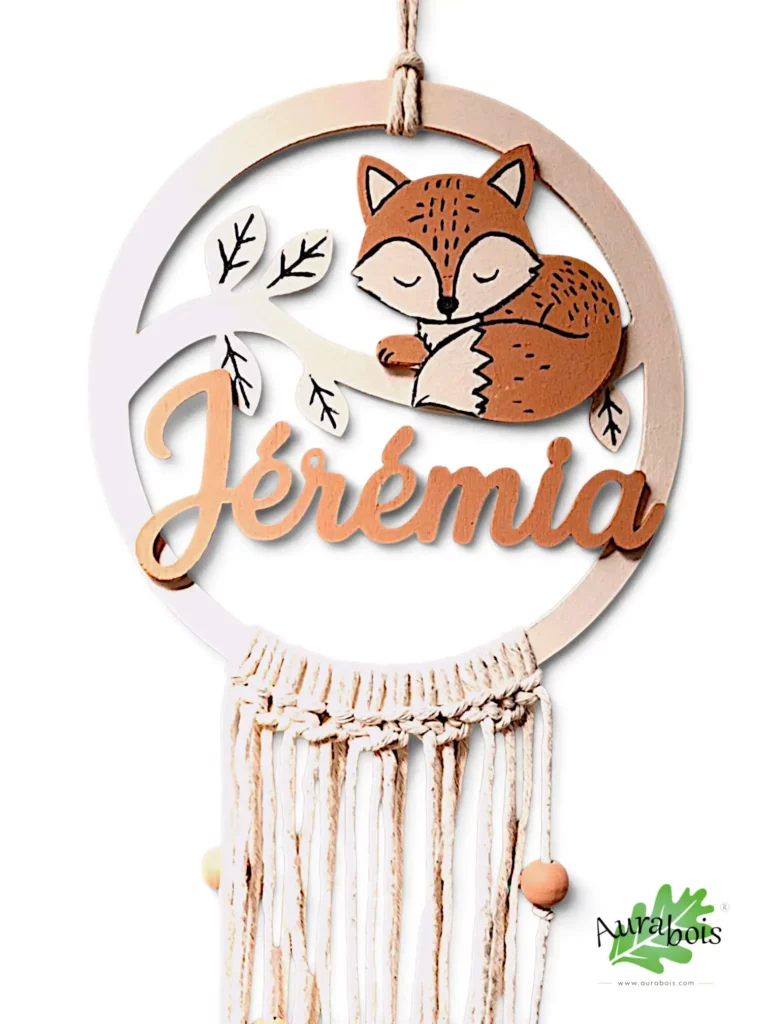 Attrape-rêves personnalisable “Renard” – Décoration bohème en bois avec macramé et perles en bois, décoration artisanale bohème pour chambre enfant.