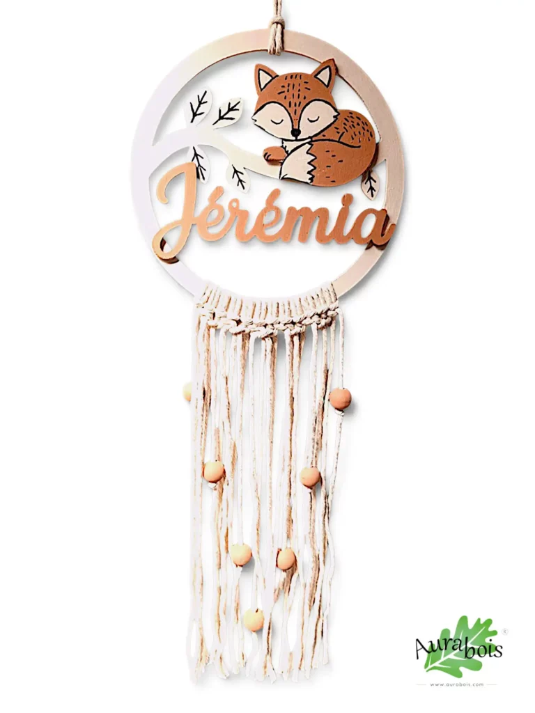 Attrape-rêves personnalisable “Renard” – Décoration bohème en bois avec macramé et perles en bois, décoration artisanale bohème pour chambre enfant.