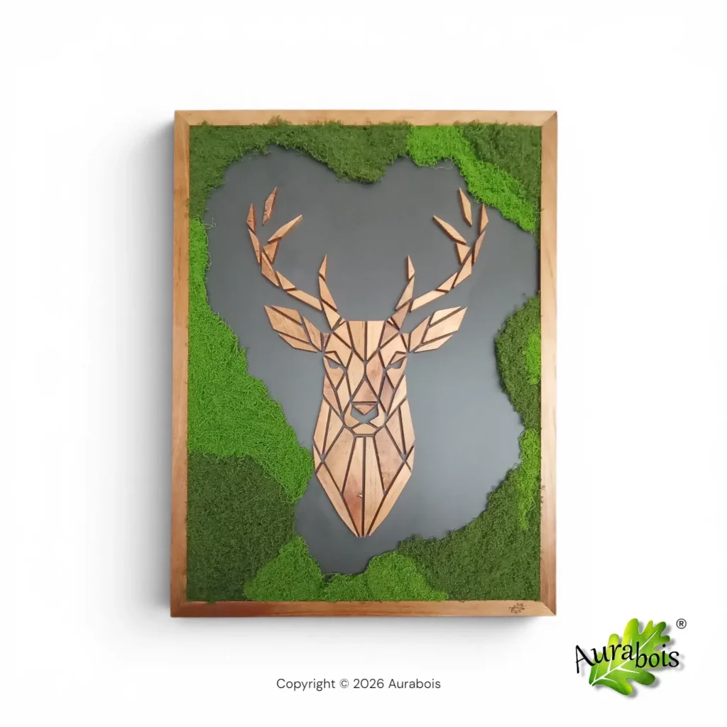 Œuvre murale décorative représentant un cerf géométrique en chêne massif avec mousse végétale verte sur fond noir mat, fabrication artisanale française.