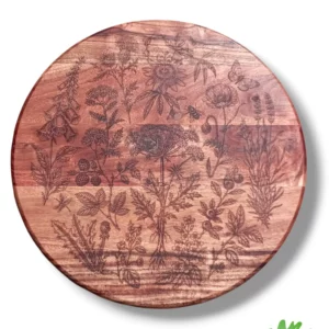 Dessous de plat XXL en bois d'acacia massif avec gravure botanique réalisée au laser, fabrication artisanale française.