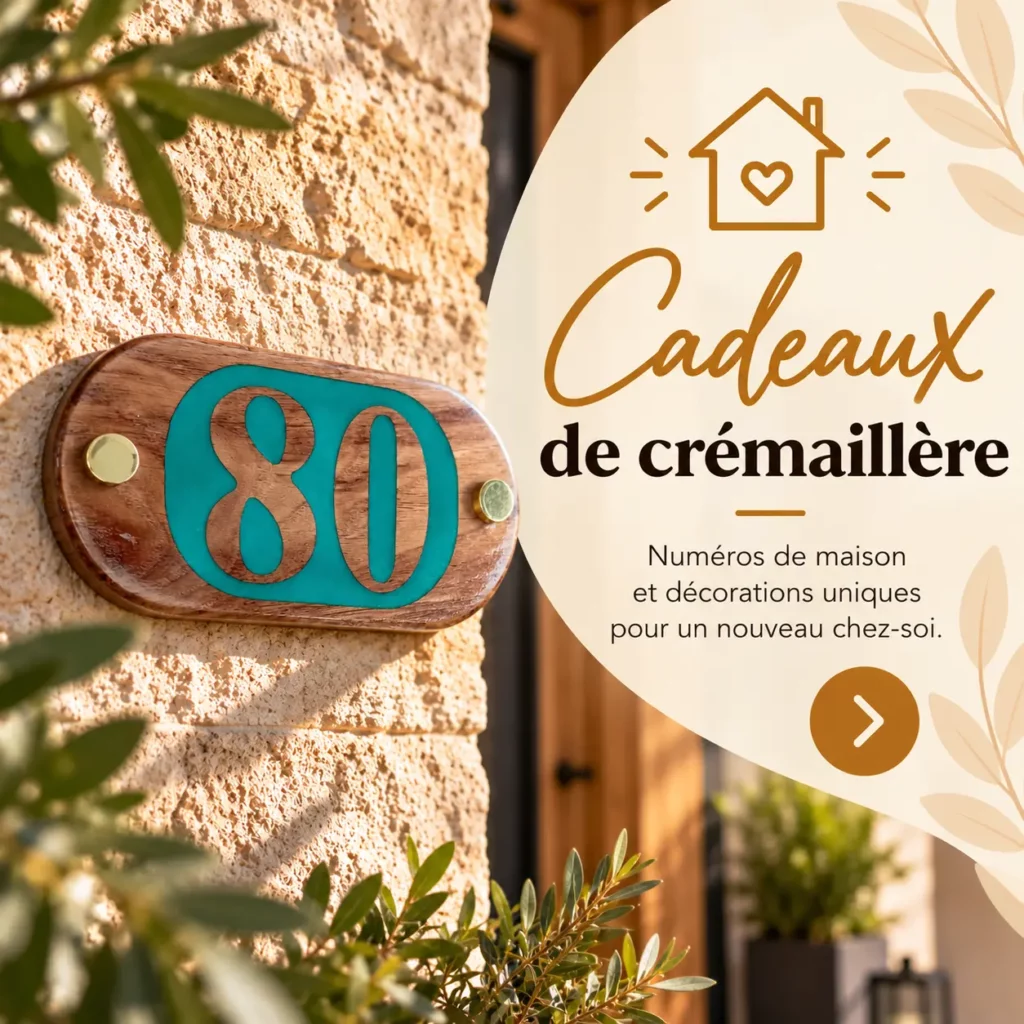Numéro de maison 80 en bois avec chiffres turquoise fixé sur un mur en pierre
