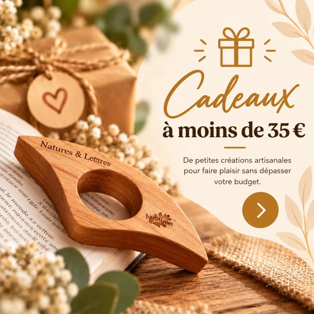 Cadeau artisanal en bois personnalisé présenté sur un livre, avec emballage kraft et décoration naturelle