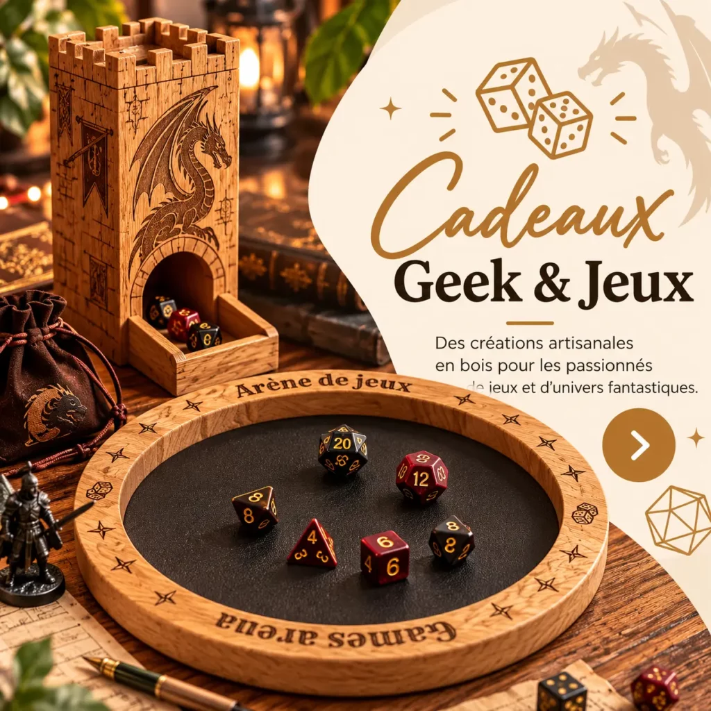 Plateau de lancer de dés en bois gravé avec dés de jeu de rôle et tour à dés décorée d'un dragon