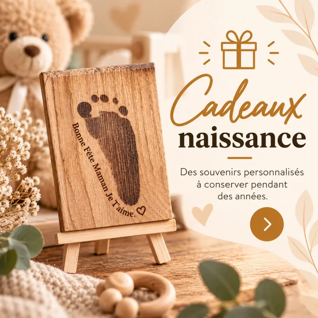 Plaque souvenir en bois gravée avec une empreinte de pied et un message personnalisé pour la fête des mamans