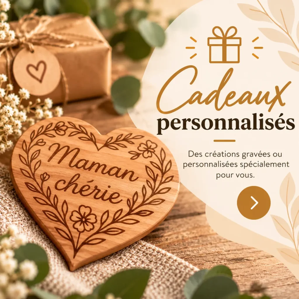 Cœur en bois gravé avec le message « Maman chérie », entouré de motifs floraux
